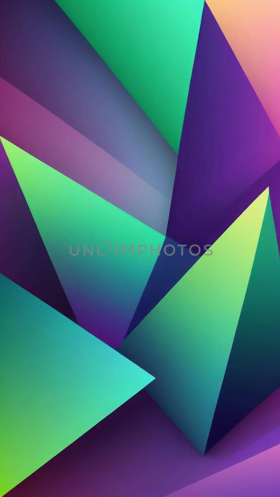 A gradient wallpaper with Prism shapes using green and purple gradient colors. Generative AI.