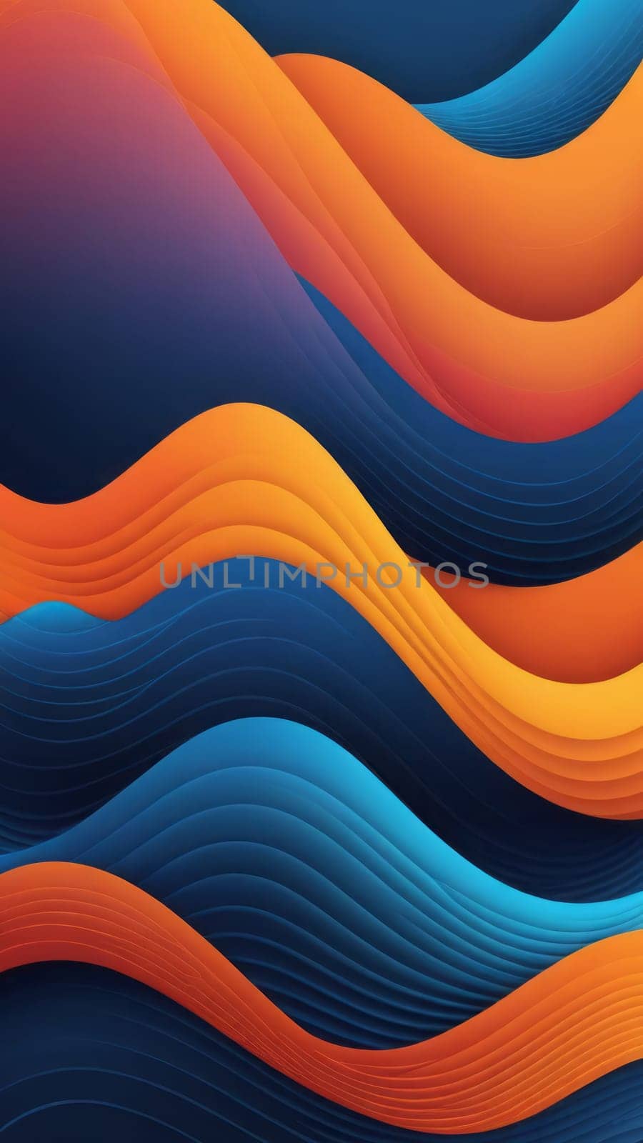 A gradient wallpaper with Waveform shapes using orange and blue gradient colors. Generative AI.