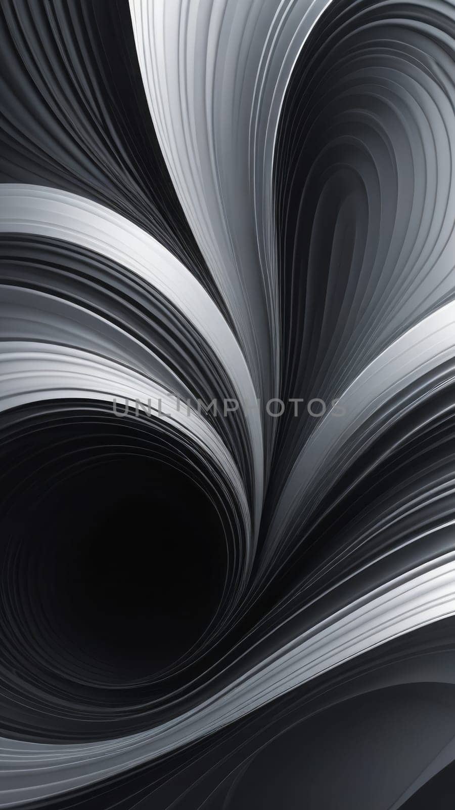 A gradient wallpaper with Vortex shapes using silver and black gradient colors. Generative AI.