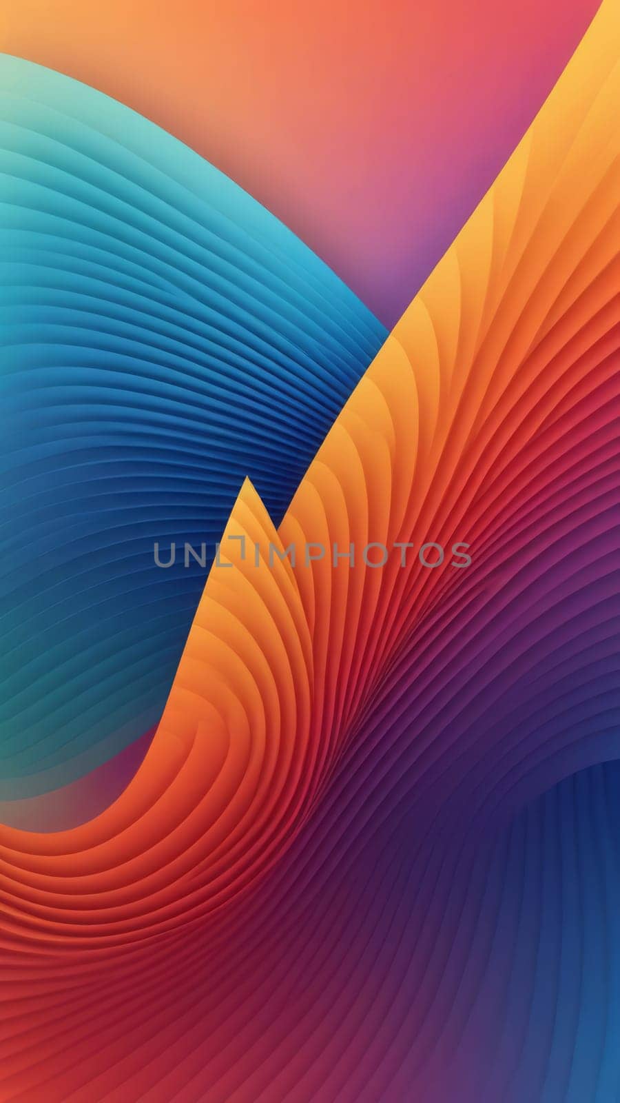 A gradient wallpaper with Fanned shapes using blue and orangered gradient colors. Generative AI.