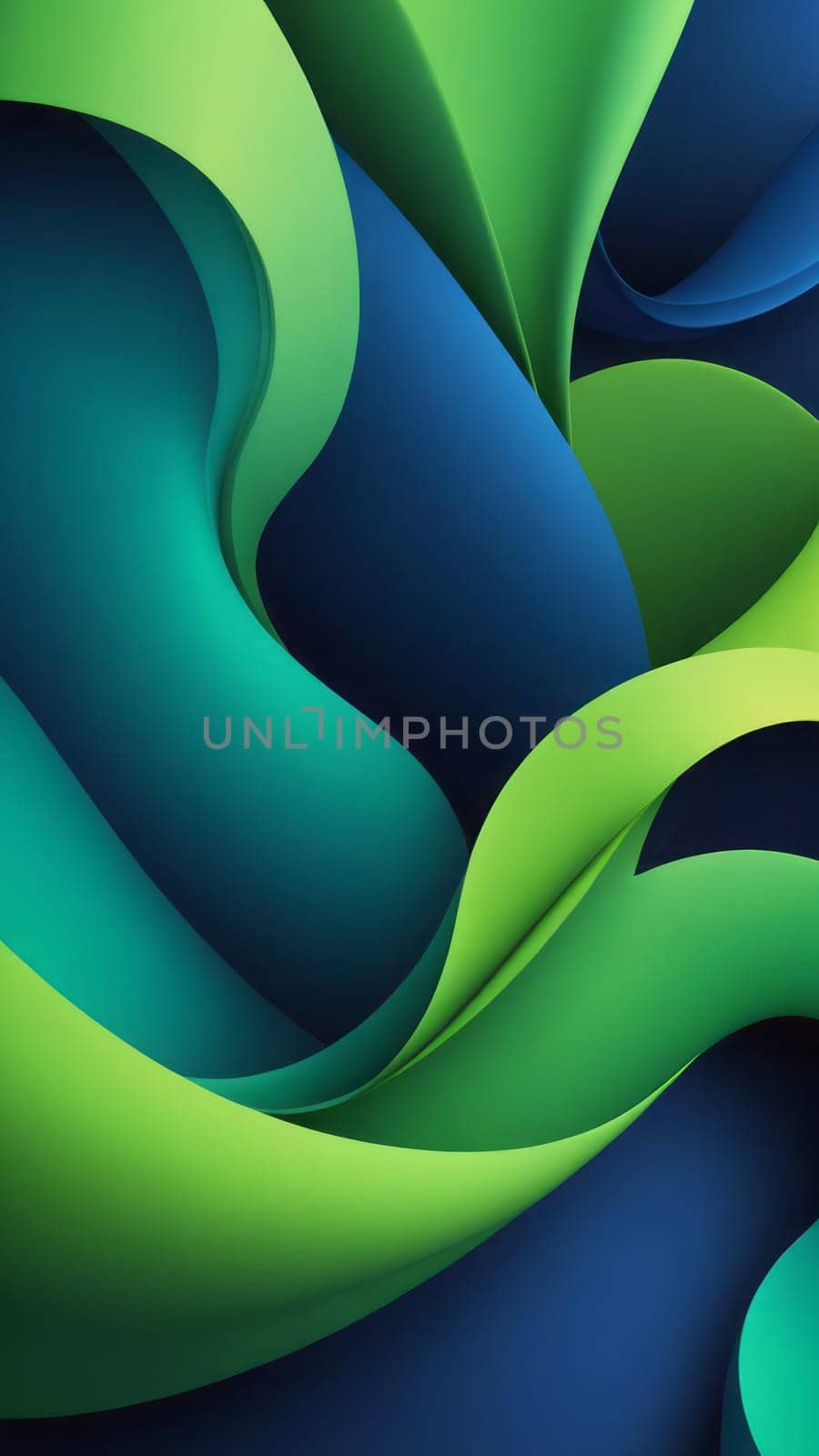 A gradient wallpaper with Sculpted shapes using green and darkblue gradient colors. Generative AI.