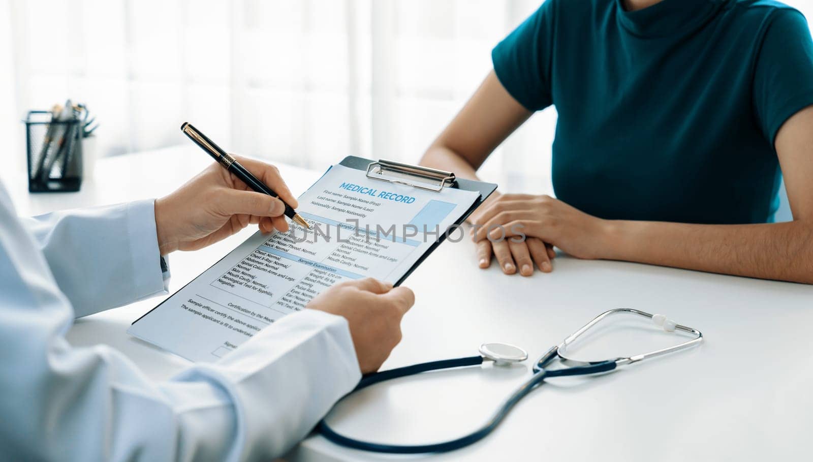 Patient attend doctor's appointment at clinic or hospital office, discussing medical treatment options and explaining examination results or medical record about sickness. Panorama Rigid