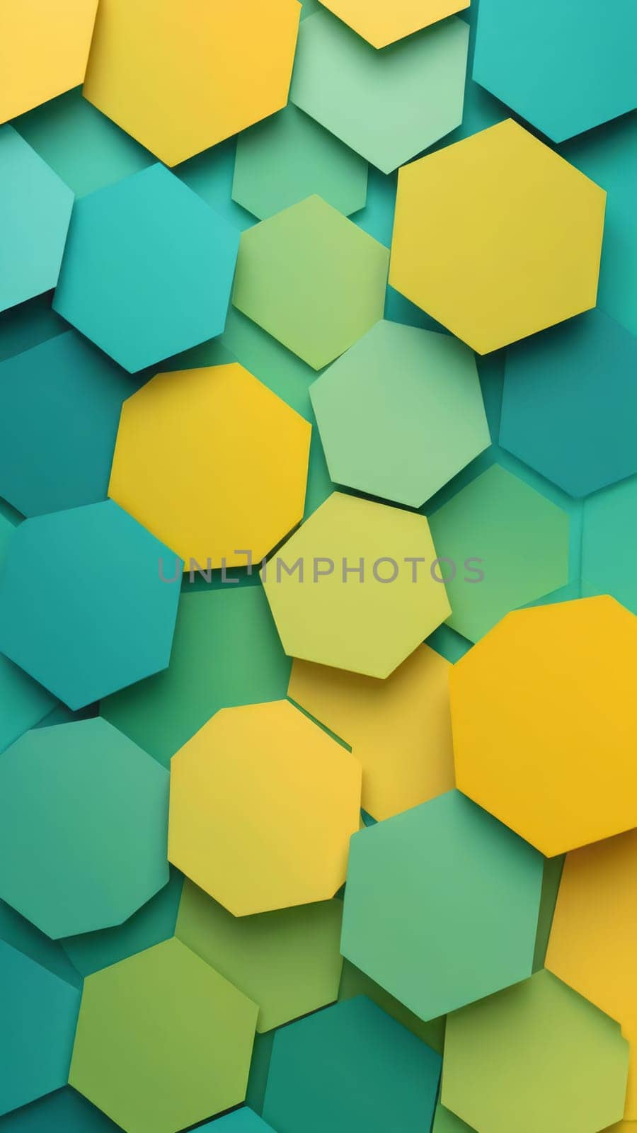 A gradient wallpaper with Octagonal shapes using yellow and lightseagreen gradient colors. Generative AI.