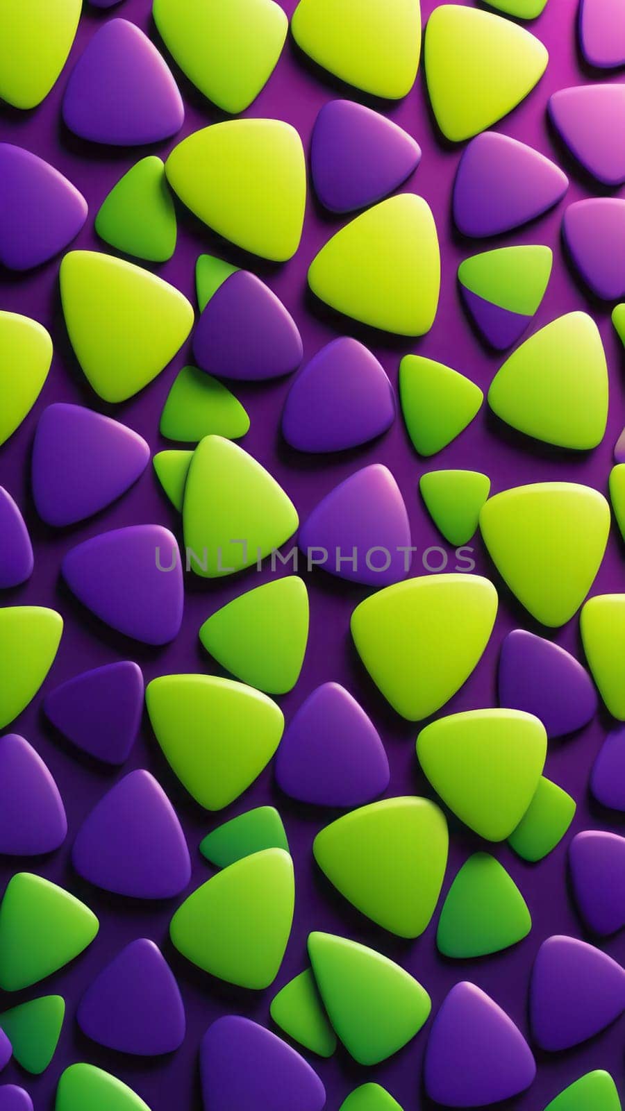 A gradient wallpaper with Plectrum shapes using lime and darkviolet gradient colors. Generative AI.