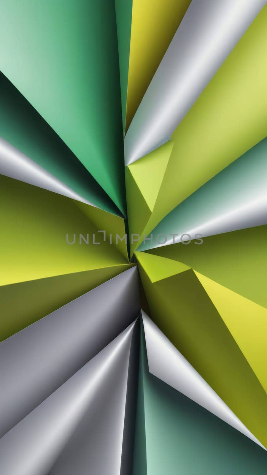 A gradient wallpaper with Folded shapes using silver and yellowgreen gradient colors. Generative AI.