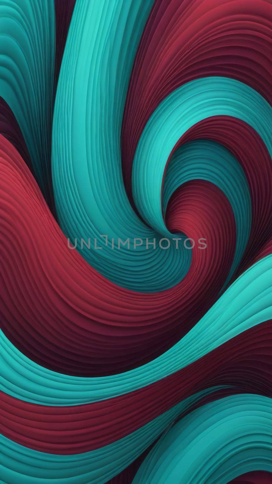 A gradient wallpaper with Swirled shapes using maroon and aquamarine gradient colors. Generative AI.