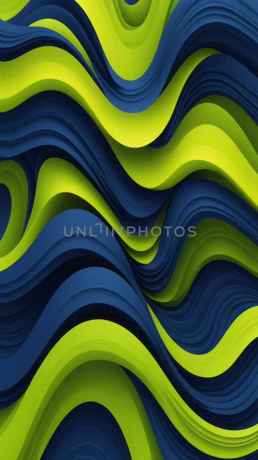 A gradient wallpaper with Twisted shapes using navy and chartreuse gradient colors. Generative AI.