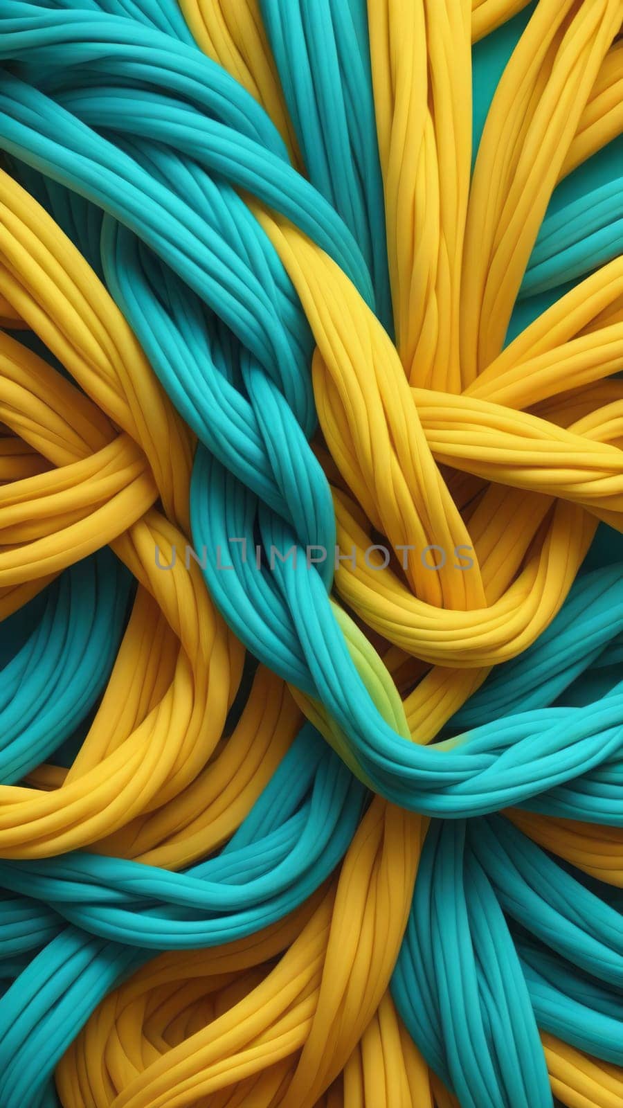 A gradient wallpaper with Knotted shapes using yellow and aquamarine gradient colors. Generative AI.