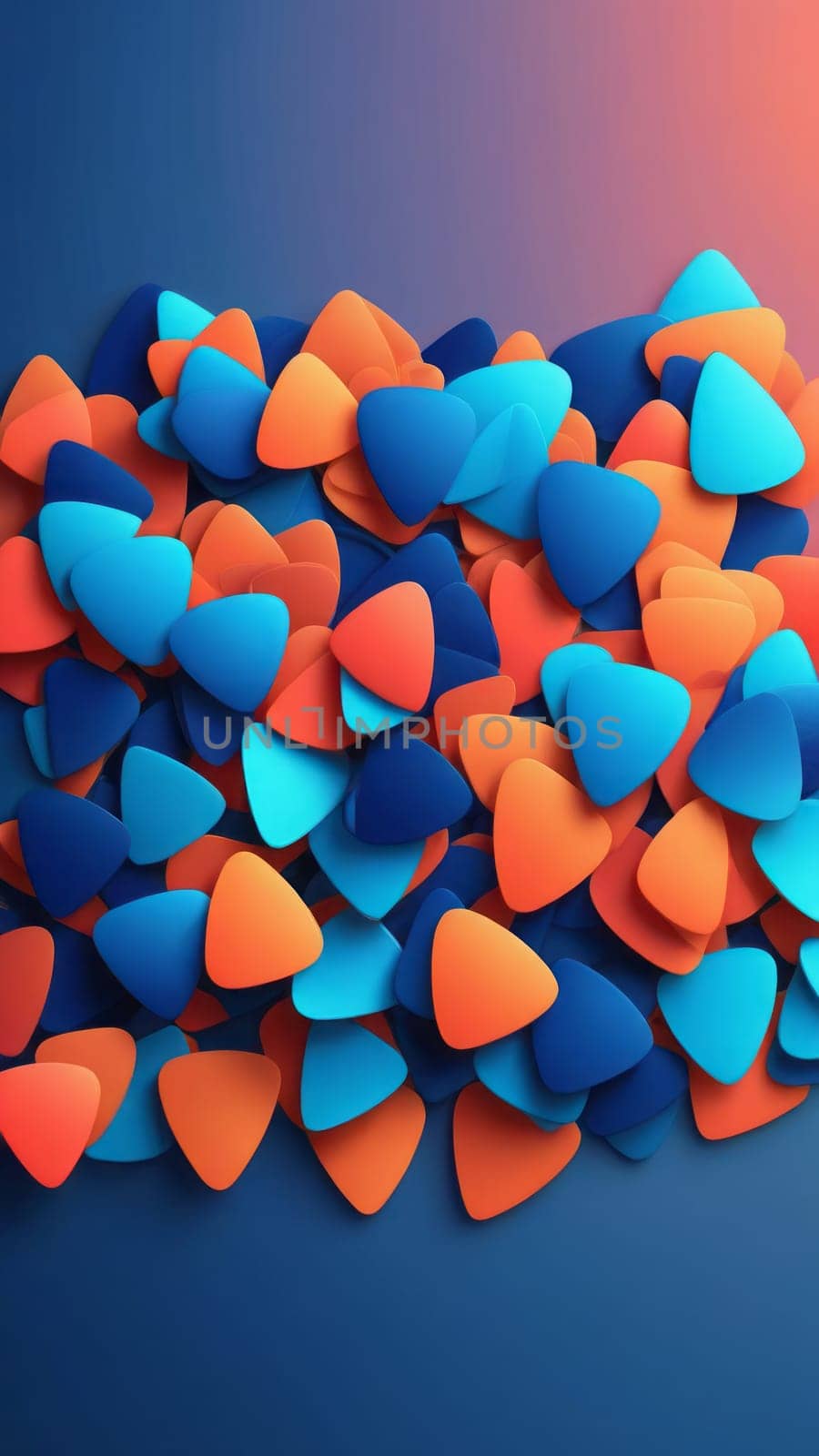 A gradient wallpaper with Plectrum shapes using blue and darksalmon gradient colors. Generative AI.