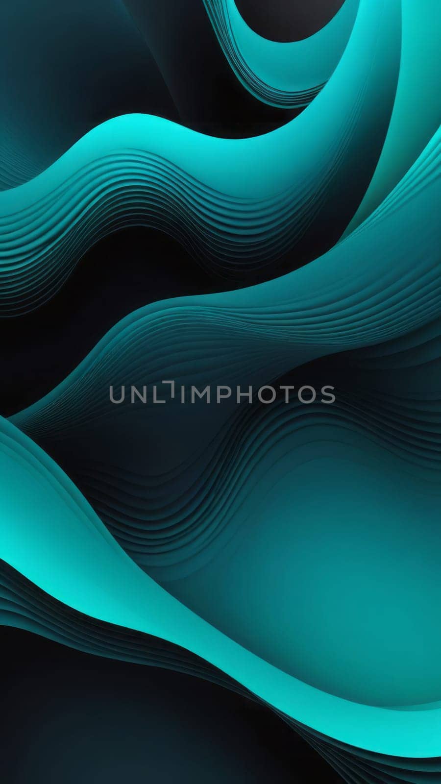 A gradient wallpaper with Distorted shapes using aqua and black gradient colors. Generative AI.