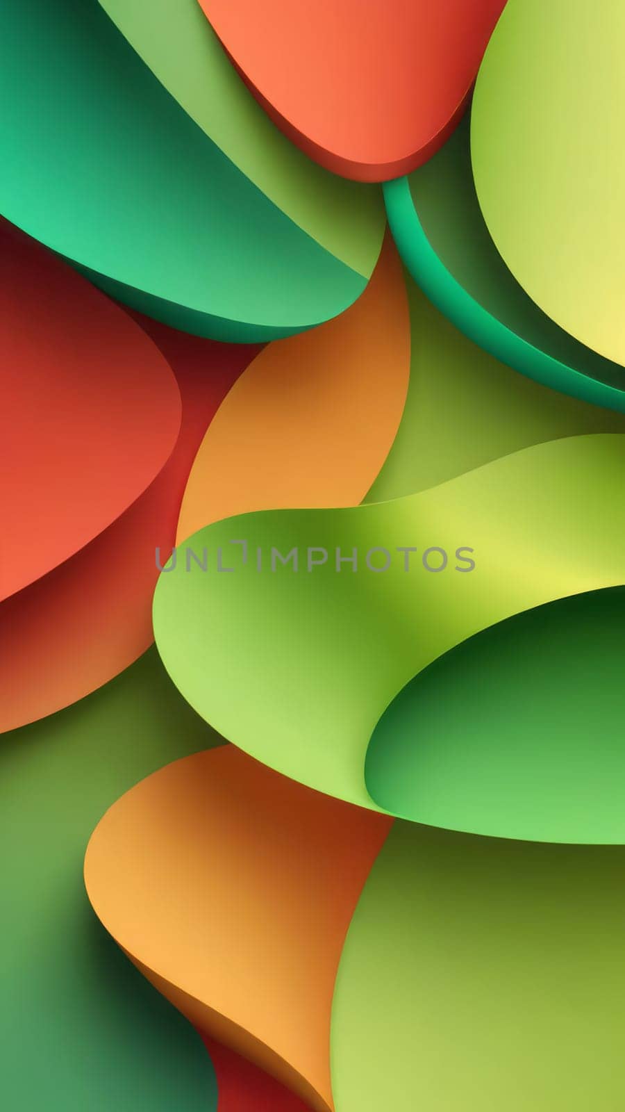 A gradient wallpaper with Intertwined shapes using green and tomato gradient colors. Generative AI.