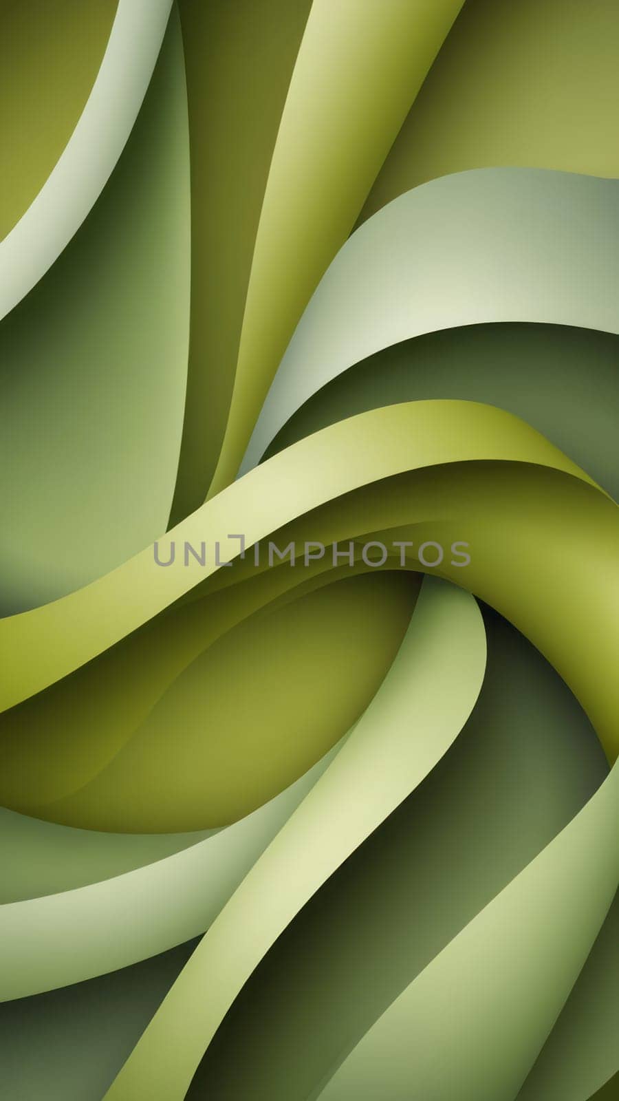 A gradient wallpaper with Twisted shapes using olive and lightgrey gradient colors. Generative AI.