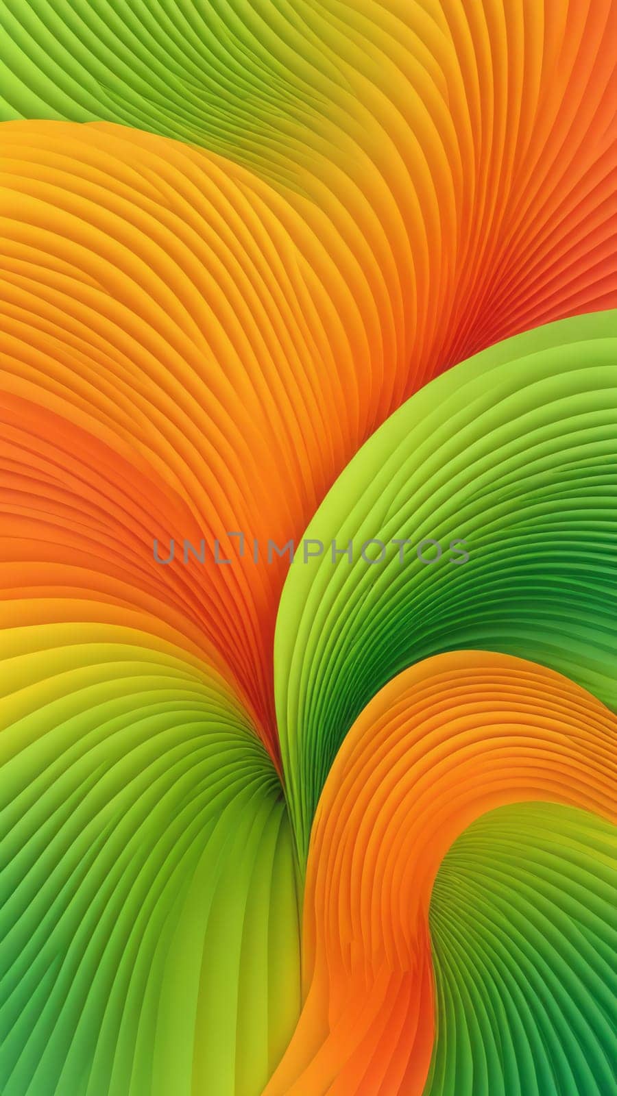 A gradient wallpaper with Fanned shapes using orange and springgreen gradient colors. Generative AI.