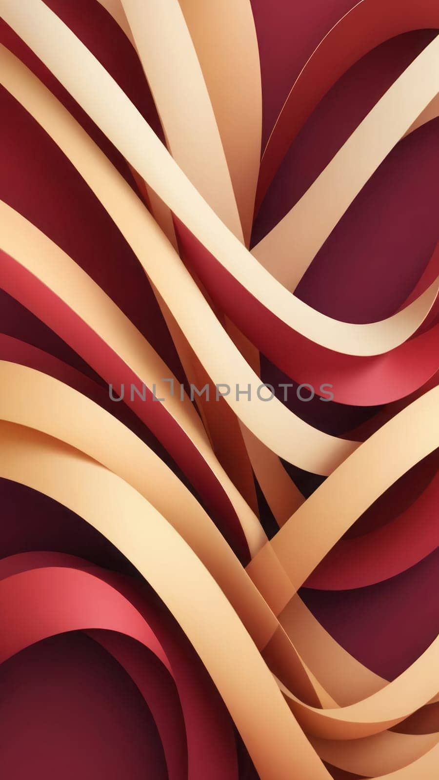 A gradient wallpaper with Intertwined shapes using maroon and blanchedalmond gradient colors. Generative AI.