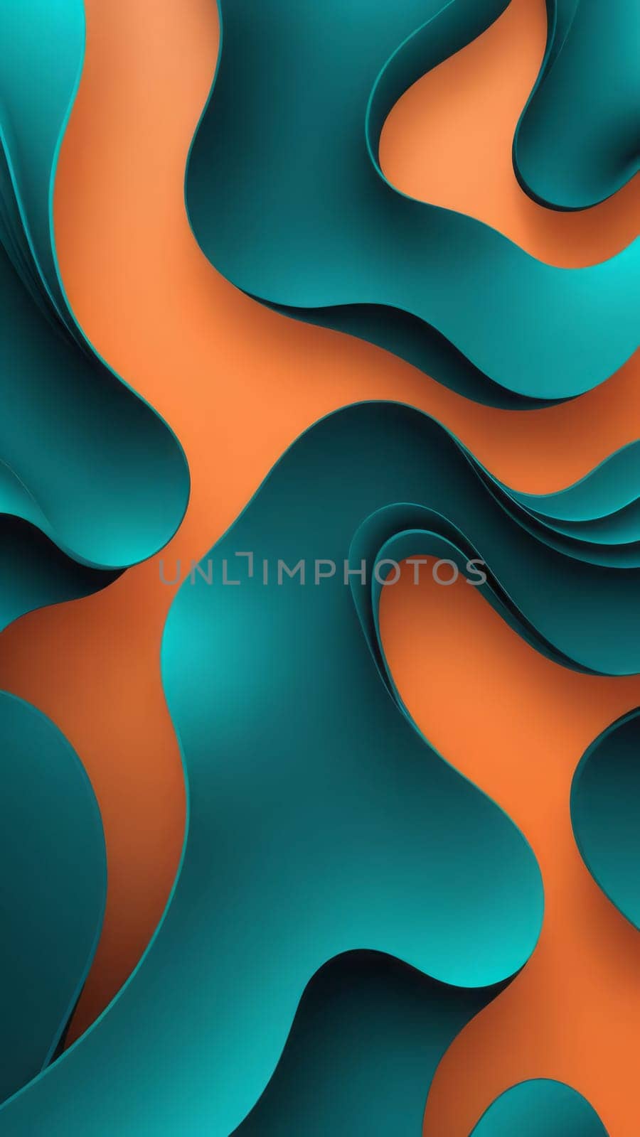 A gradient wallpaper with Organic shapes using teal and darkorange gradient colors. Generative AI.