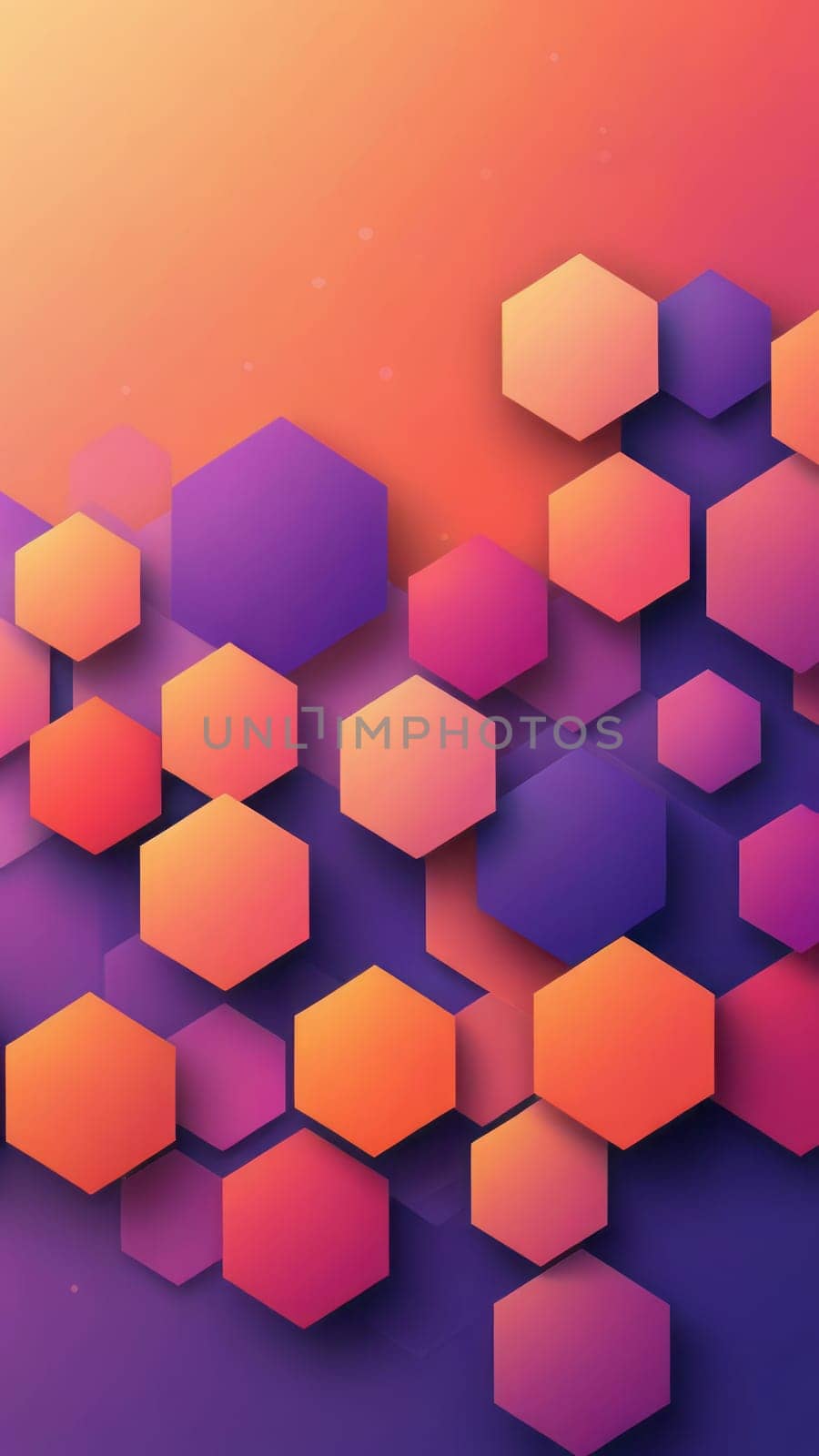 A gradient wallpaper with Hexagonal shapes using purple and coral gradient colors. Generative AI.