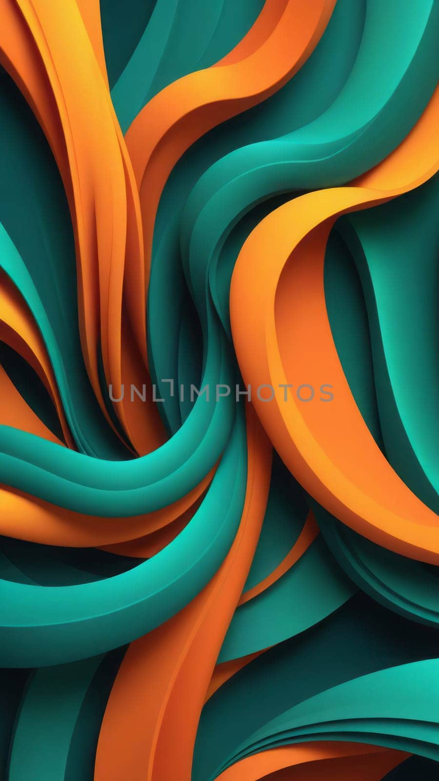 A gradient wallpaper with Twisted shapes using orange and darkseagreen gradient colors. Generative AI.