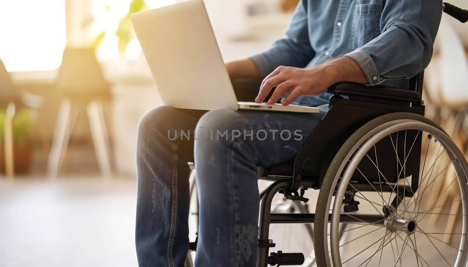 Man sitting wheel chair using laptop. Generative AI.