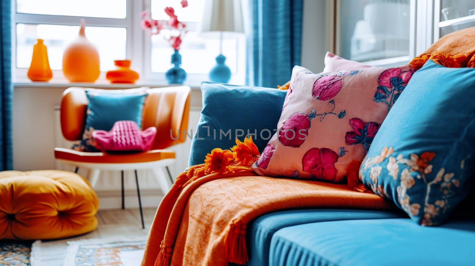 vibrant interior design with colored sofa and cushions by chrisroll