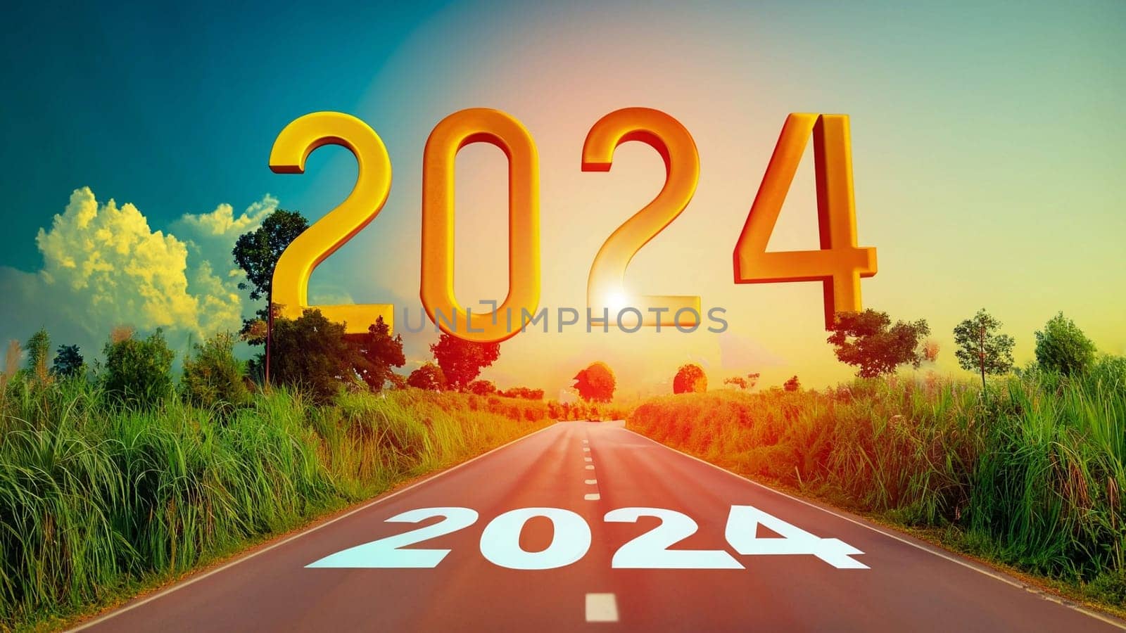 go forward concept. passing time future, life plan change, work start run line, sunset hope growth begin. Open empty road path end and new year 2024. Upcoming 2024 goals and leaving behind 2023 year. High quality image
