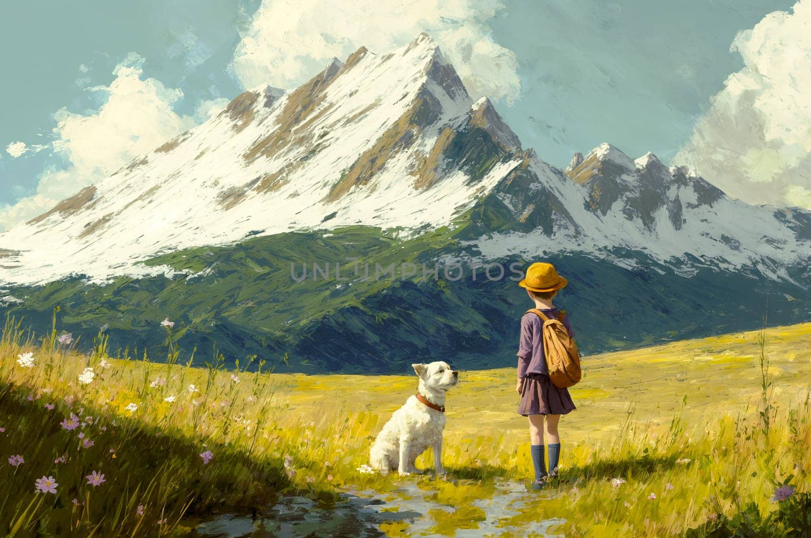 A young child with a white dog looking towards snow-capped mountains amidst a blooming meadow by chrisroll