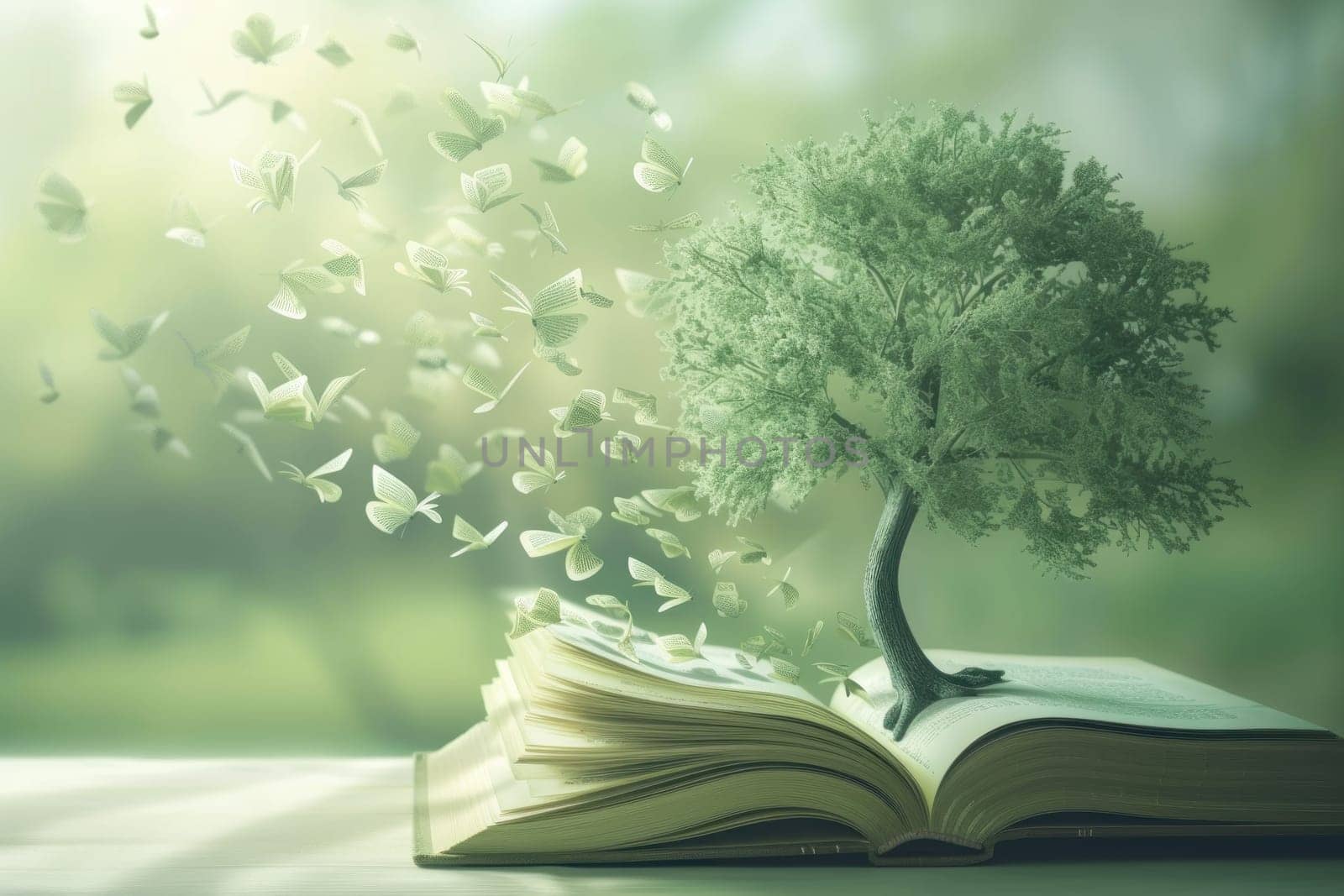 Tree with book leaves symbolizing growth through reading. Generative AI by golfmerrymaker