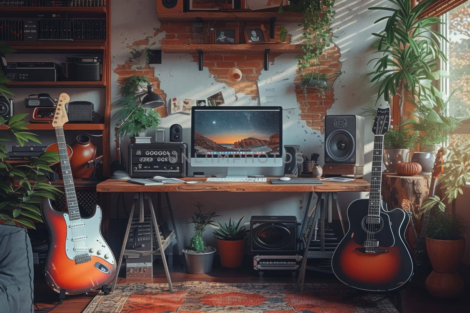 Interior of a contemporary teen's room with a desktop and guitar. Generative AI.