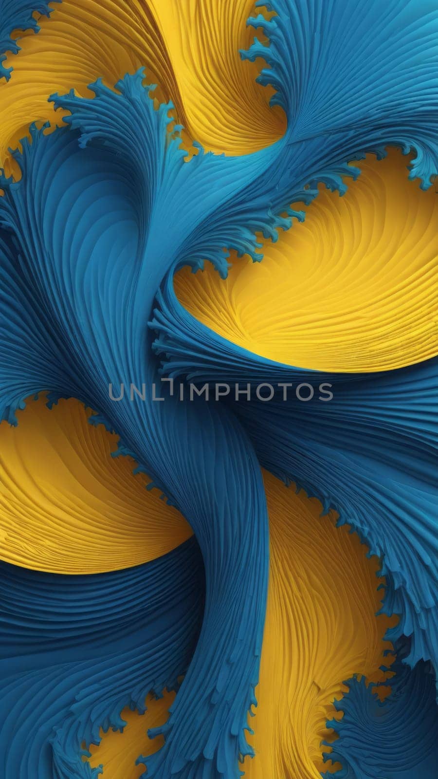 A gradient wallpaper with Fractal shapes using blue and yellow gradient colors. Generative AI.