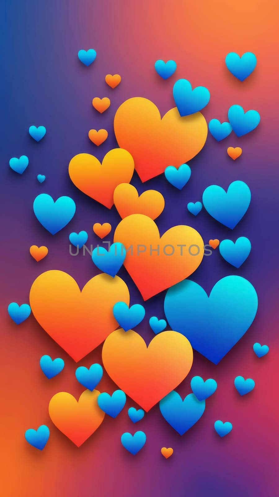 A gradient wallpaper with Heart shapes using orange and blue gradient colors. Generative AI.