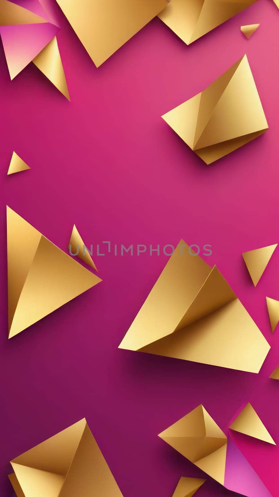 A gradient wallpaper with Patched shapes using fuchsia and gold gradient colors. Generative AI.