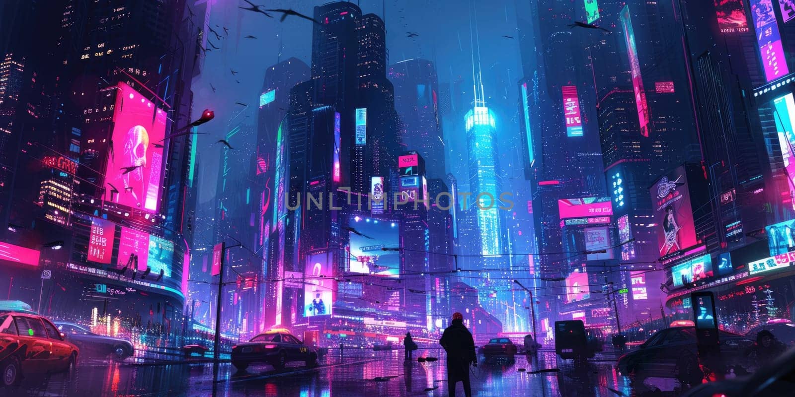 Futuristic city glows with soft hues, complemented by the sleek design of hovering vehicles above the vibrant skyline. Resplendent.