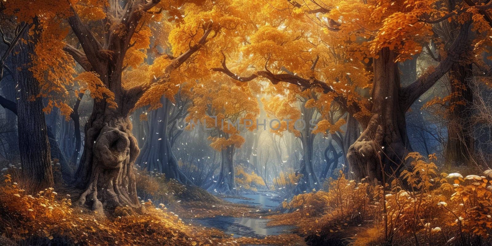 An enchanted forest in autumn, filled with golden leaves in autumn. Resplendent.