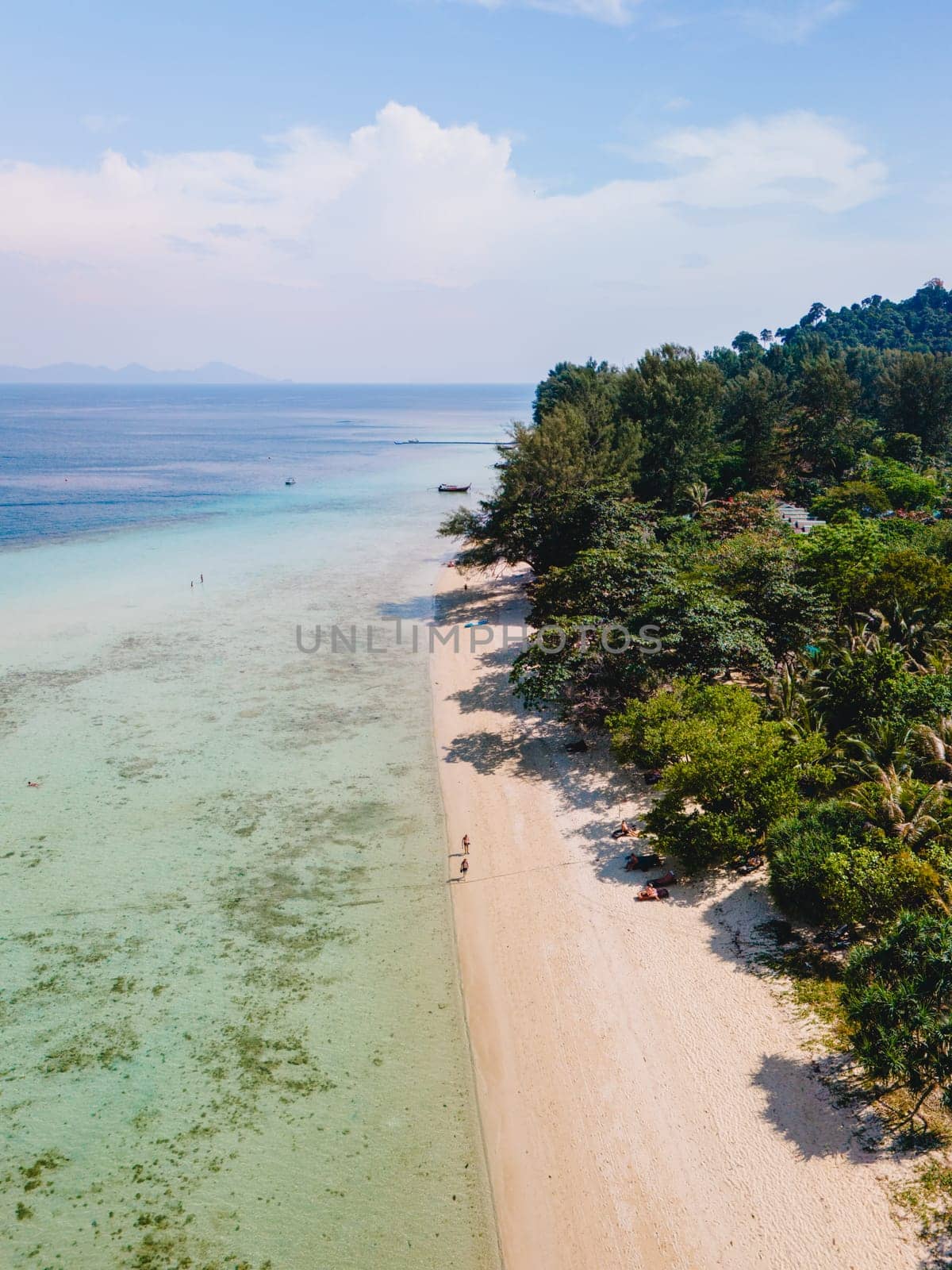 Koh Kradan a tropical island with palm trees soft white sand, and a turqouse colored ocean in Koh Kradan Trang Thailand