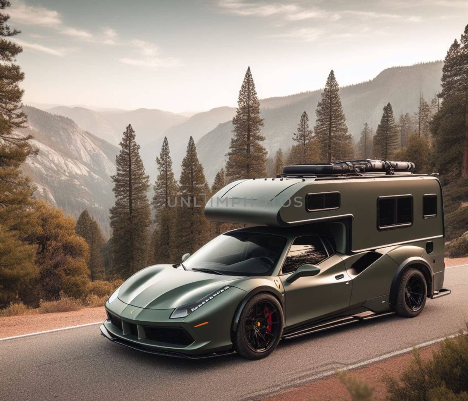 green matte special edition expensive offoroad 4x4 fast sports luxury supercar design camper van conversion for digital nomad avdenture weekender ai art generated