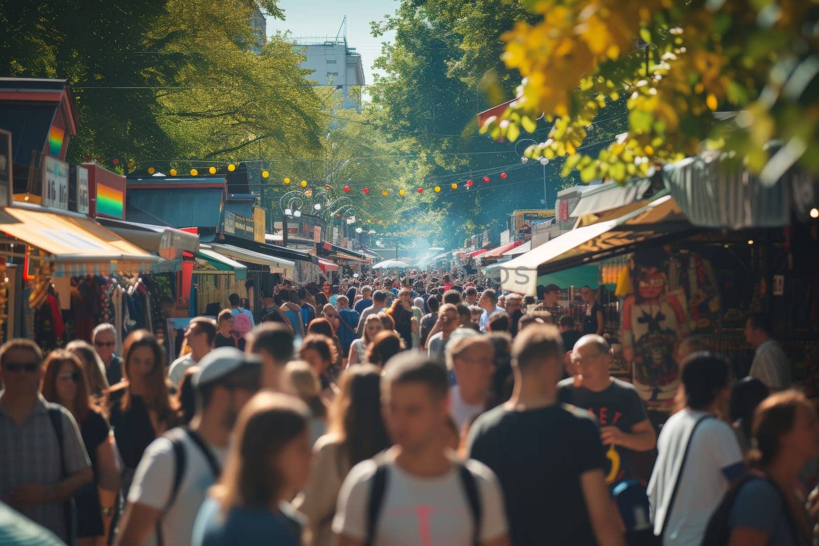 street food festival, realistic photo of masses happy people at a street food festival in daylight by nijieimu