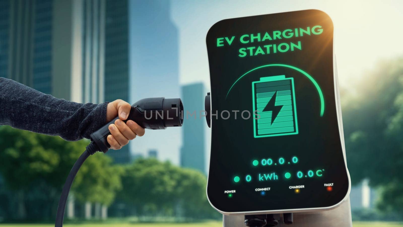 Businessman pull EV charger to recharge his electric car's battery from charging station in green eco city park background. Future innovative EV car and energy sustainability. Peruse