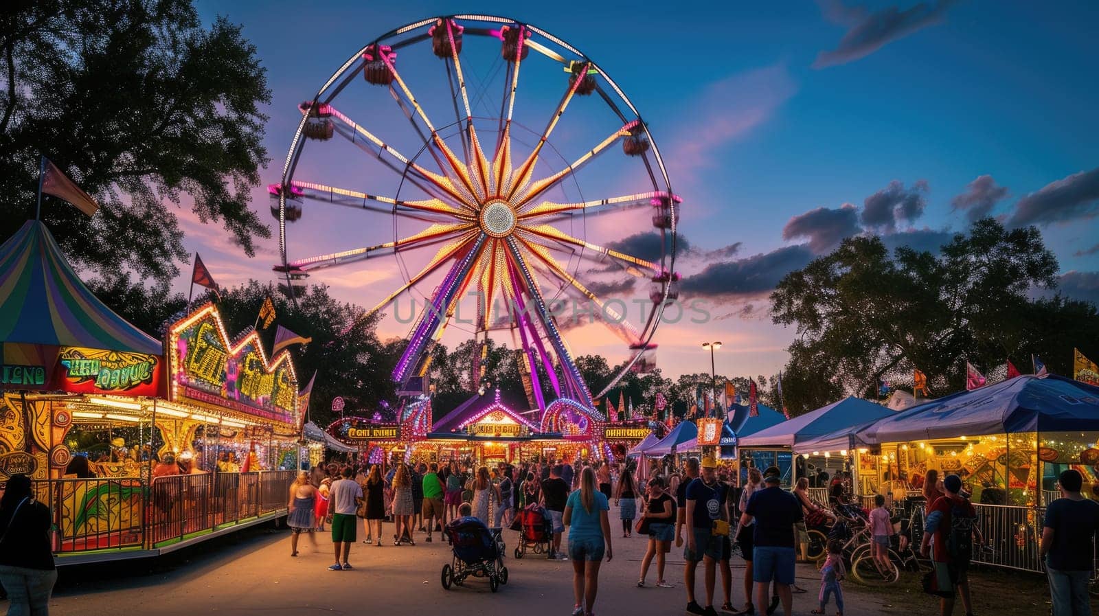 A lively carnival at dusk, Ferris wheel lights. Resplendent. by biancoblue