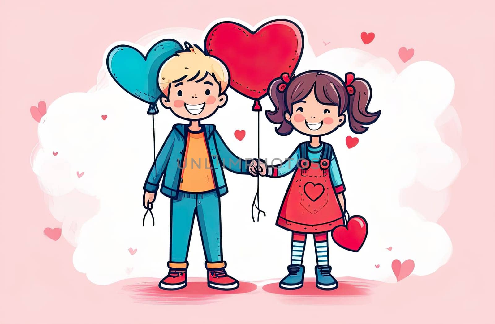 two joyful, cute children are holding pink and red balloons in their hands and smiling happily. Valentine, Birthday card by Proxima13