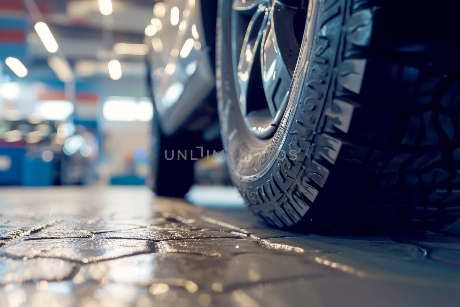 close up tire car in Tire shop, Group of new tires for sale in a tire shop. Generative Ai.