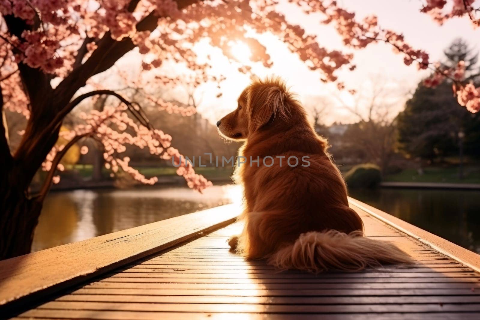 Dog sits on bridge in the blossom spring . Generative AI..
