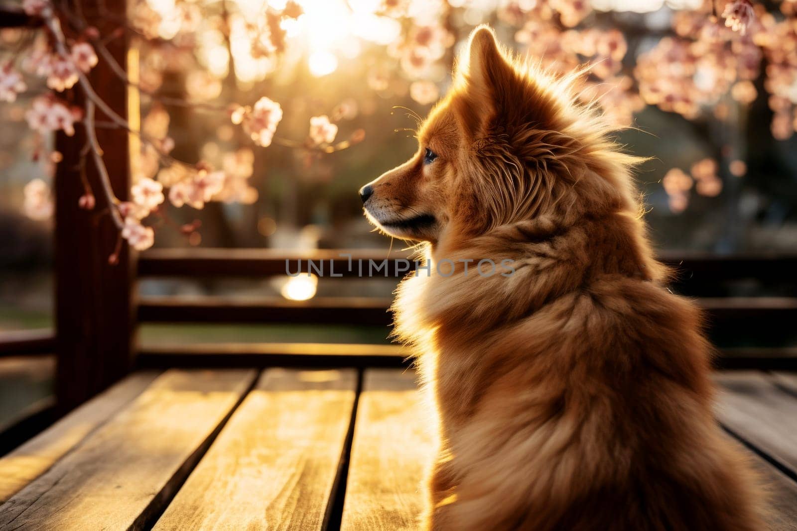 Dog sits on bridge in the blossom spring . Generative AI. by matamnad