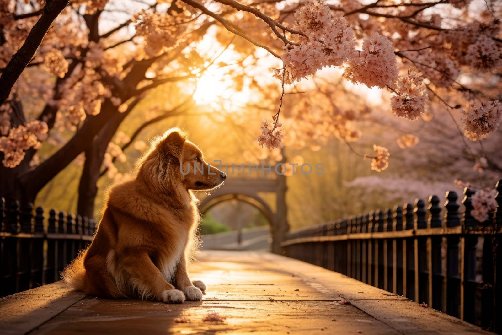 Dog sits on bridge in the blossom spring . Generative AI. by matamnad