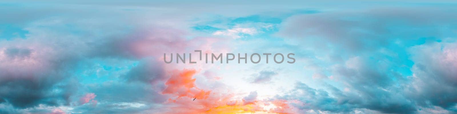 Sunset sky panorama with bright glowing pink Cumulus clouds. HDR 360 seamless spherical panorama. Full zenith or sky dome for 3D visualization, sky replacement for aerial drone panoramas. by Matiunina