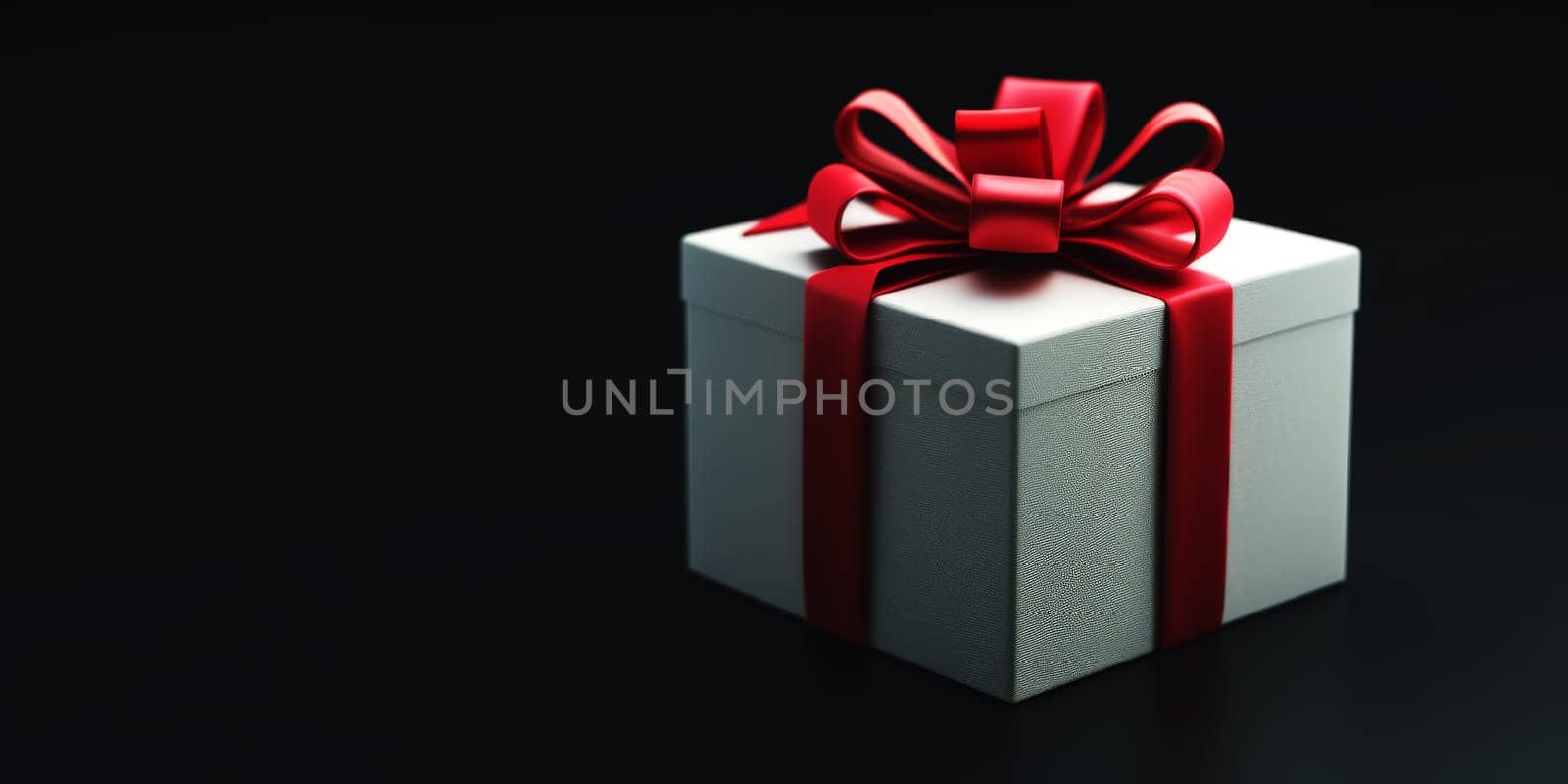 White gift box with red ribbon in black background. Generative AI by matamnad