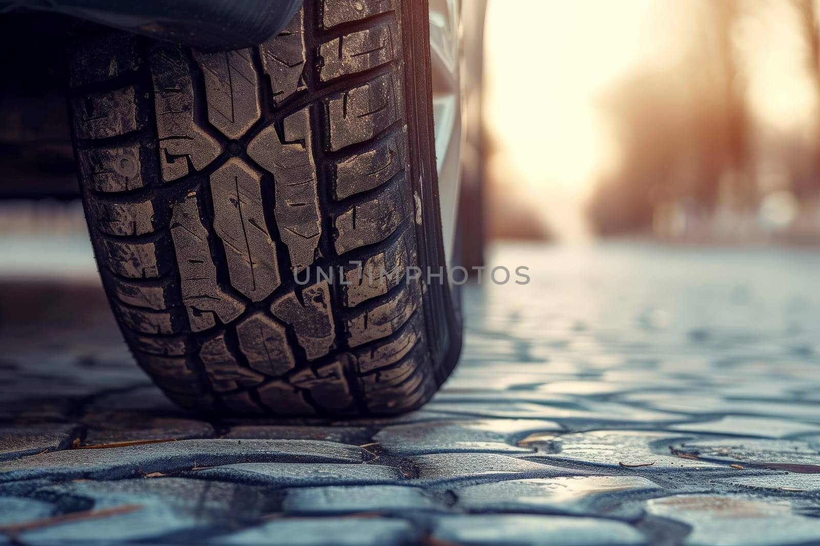 close up tire car in the city , Generative Ai by matamnad