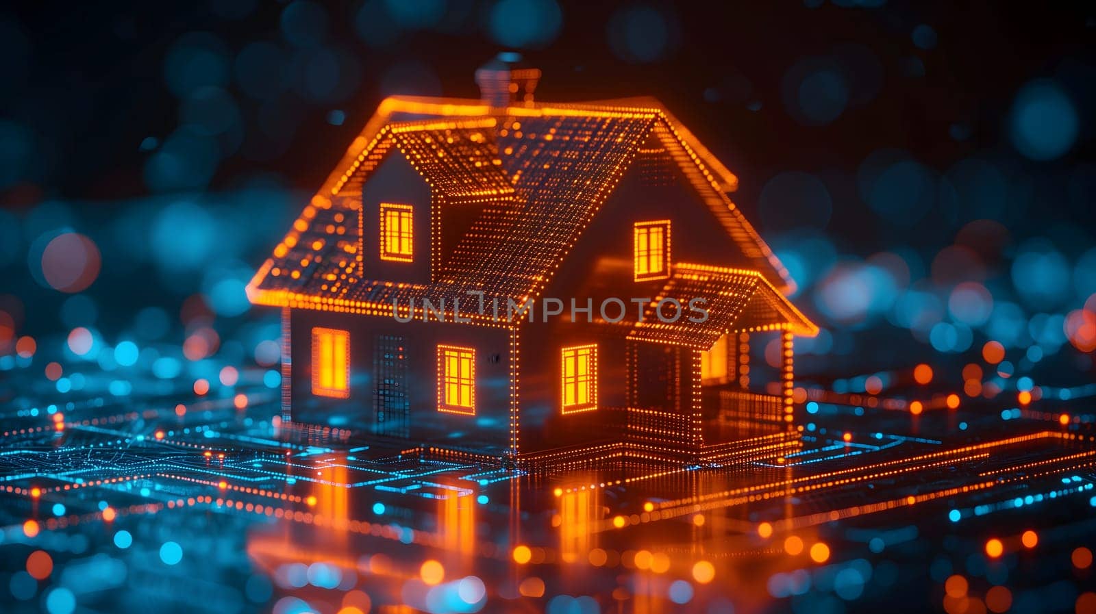 house hologram in futuristic digital background. Neural network generated image. Not based on any actual person or scene.