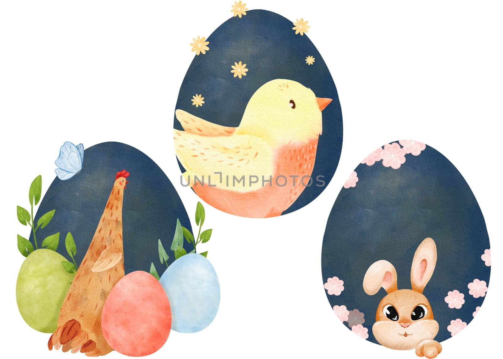 watercolor set. Easter compositions. rabbits, springtime birds, hens, and colorful eggs. cartoon style, making them ideal for adding a festive touch to your Easter-themed projects.