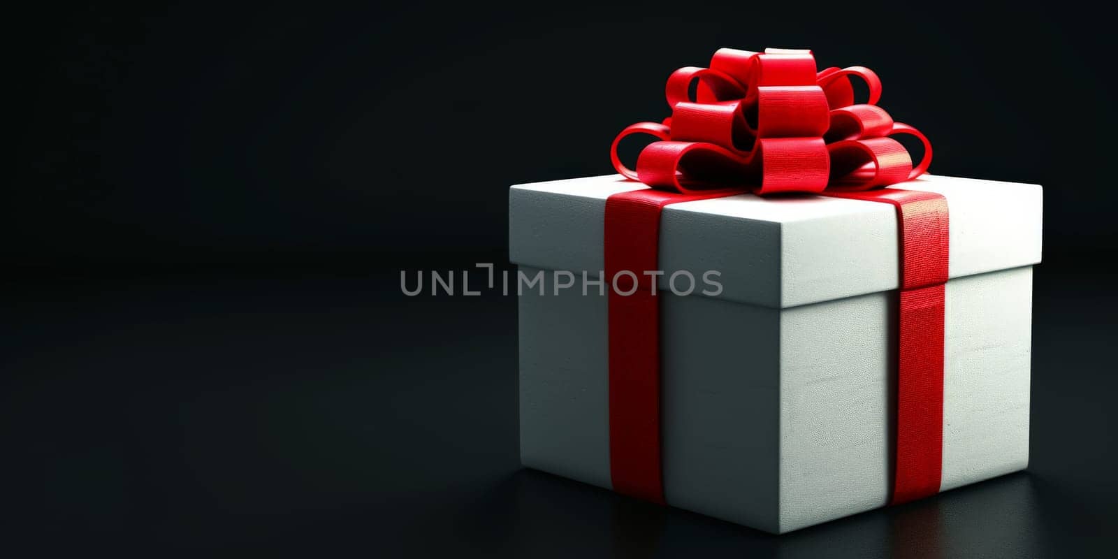 White gift box with red ribbon in black background. Generative AI by matamnad