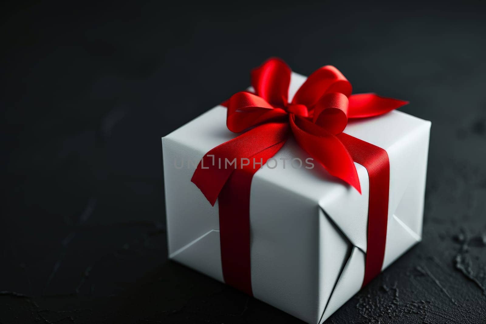 White gift box with red ribbon in black background. Generative AI.
