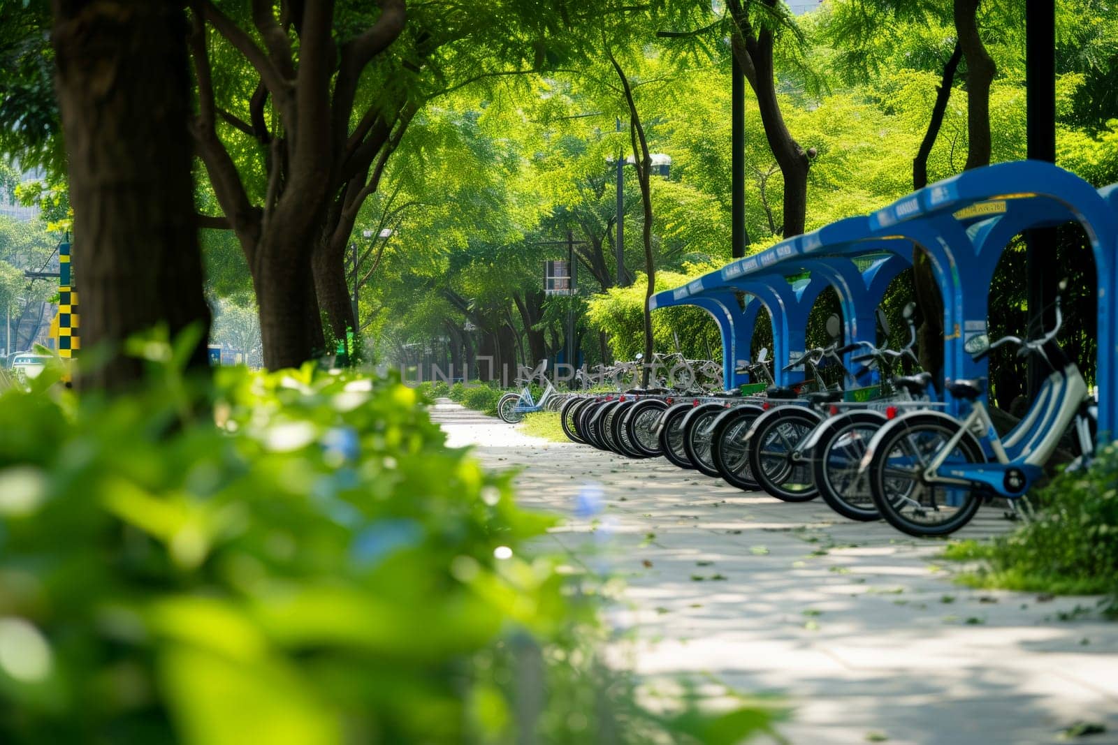 Bike sharing system, many yellow city bikes parked. Healthy ecology urban transportation.AI generative.